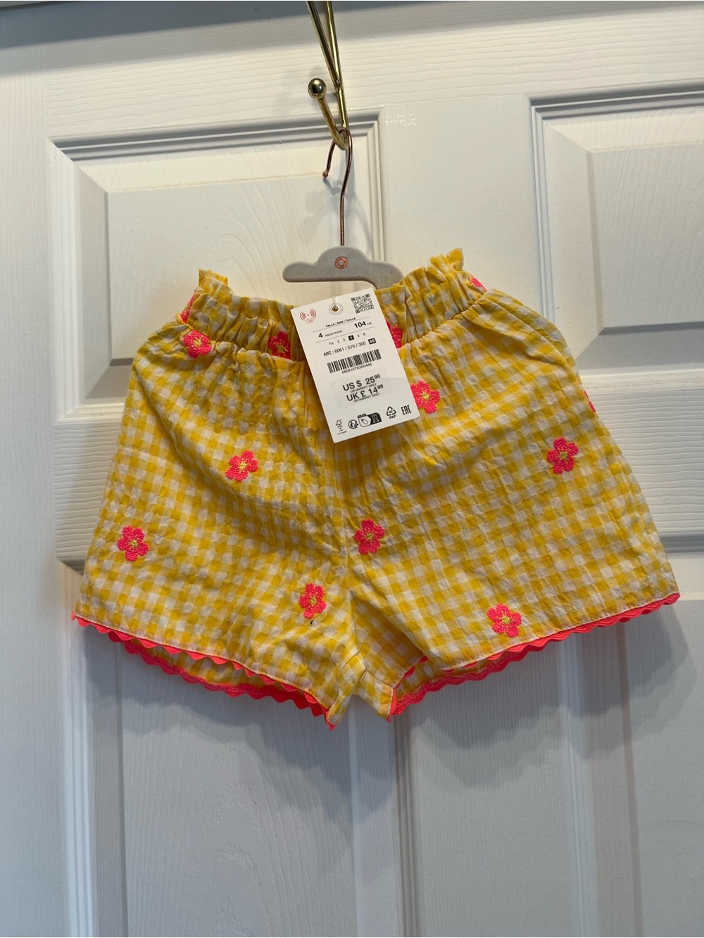 Zara toddler' Yellow Gingham Flower Embroidered Shorts